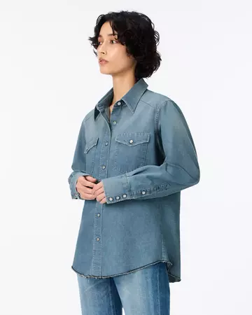 WOMEN | Light Denim Western Shirt 7oz Medium Indigo,MEDIUM INDIGO, large image number 1