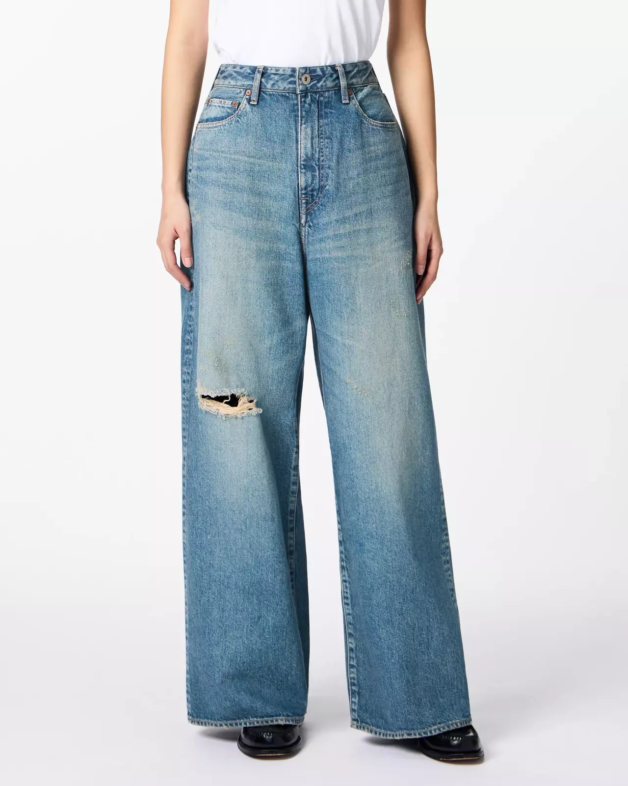 WOMEN | Damage Loose Jeans 11oz Medium Indigo,MEDIUM INDIGO, large image number 0